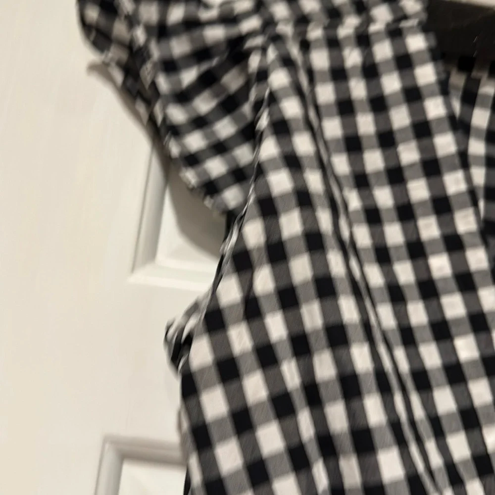 J. Crew Black and White Gingham Faux Wrap Top